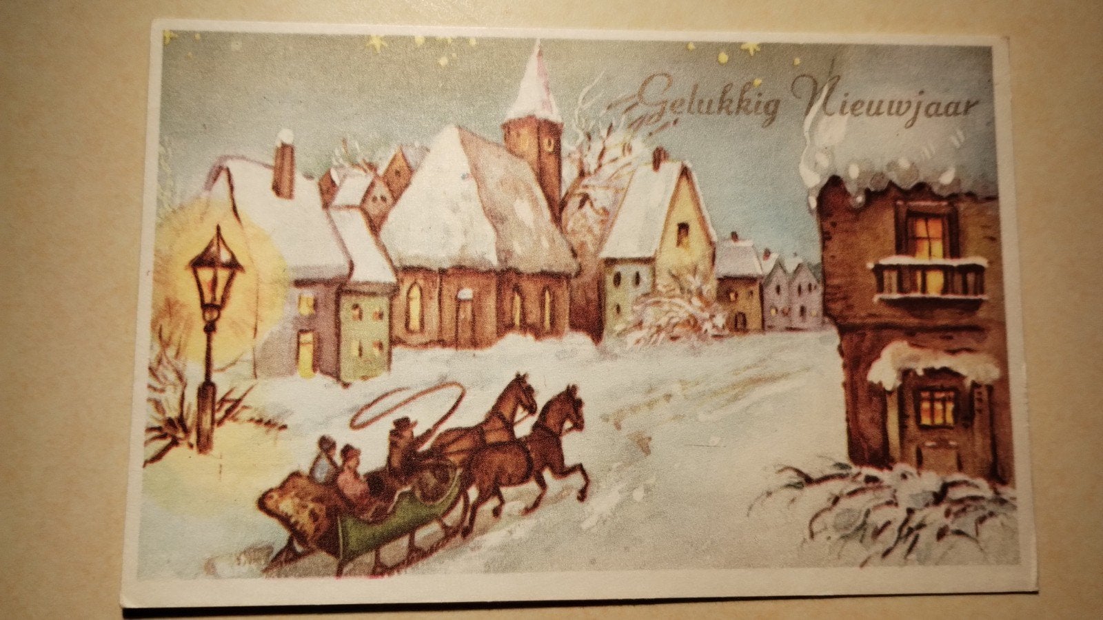 Antieke Kerstkaart - Gelukkig Nieuwjaar - Winterlandschap, Ophalen of Verzenden, 1920 tot 1940, Ongelopen, Feest(dag)