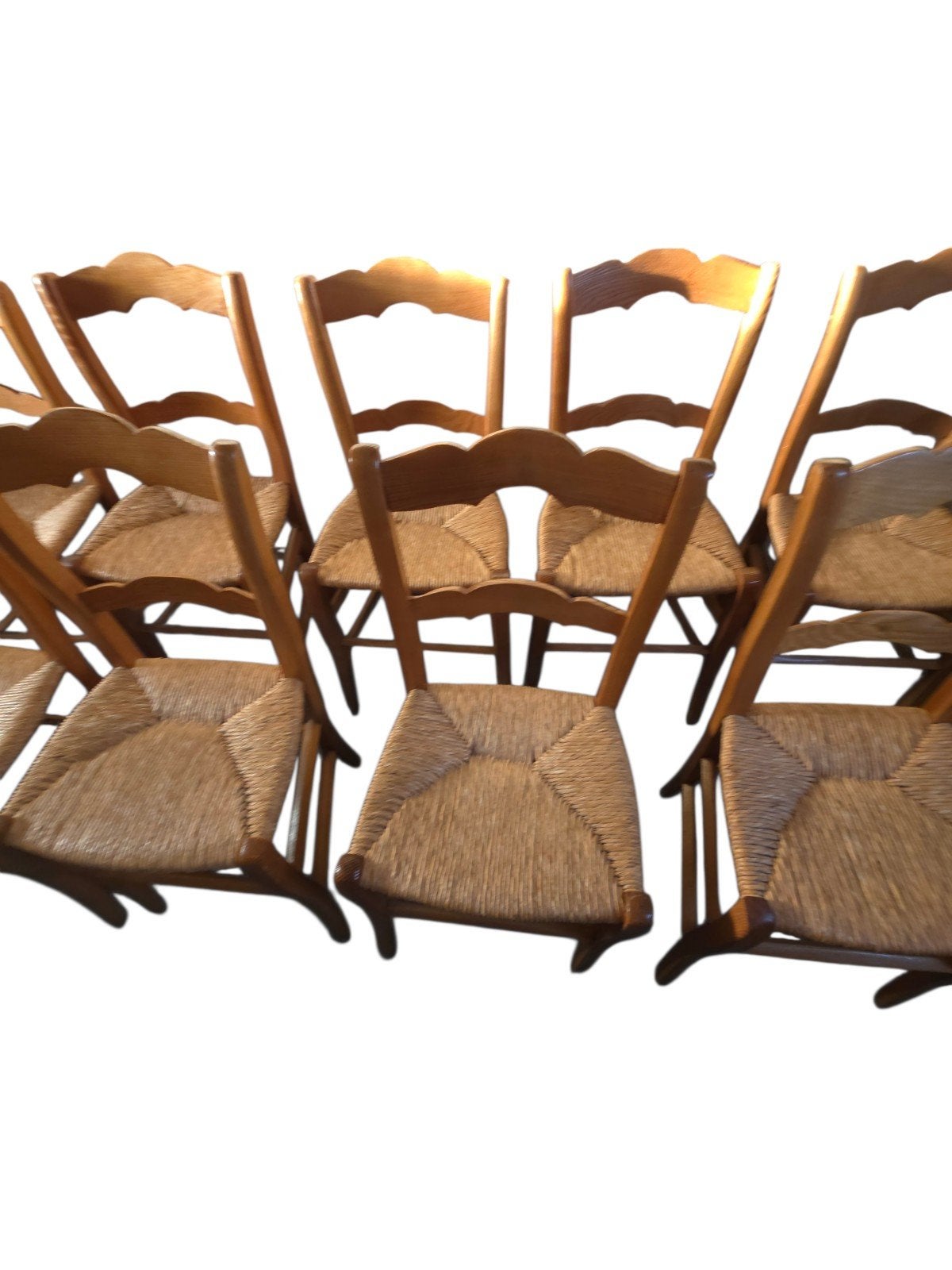 Set van 12 franse rustieke houten met rieten zitting, Ophalen of Verzenden
