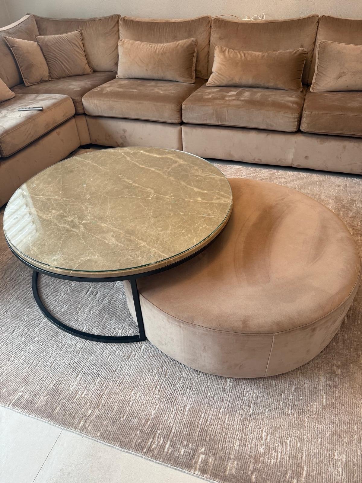 Marmeren salontafel met bijpassende poef, Ophalen, Gebruikt, Rond, 50 tot 100 cm