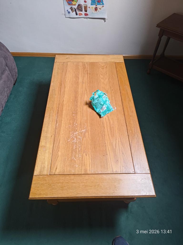 Massieve houten salontafel met schuiflades - Vught, Gebruikt, 100 tot 150 cm, Minder dan 50 cm, Rechthoekig