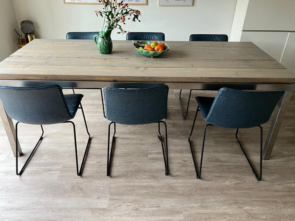 Eettafel 220x100 industrieel rvs - 6 stoelen type Swing, Huis en Inrichting, Design industrieel, Gebruikt, 100 tot 150 cm, 200 cm of meer