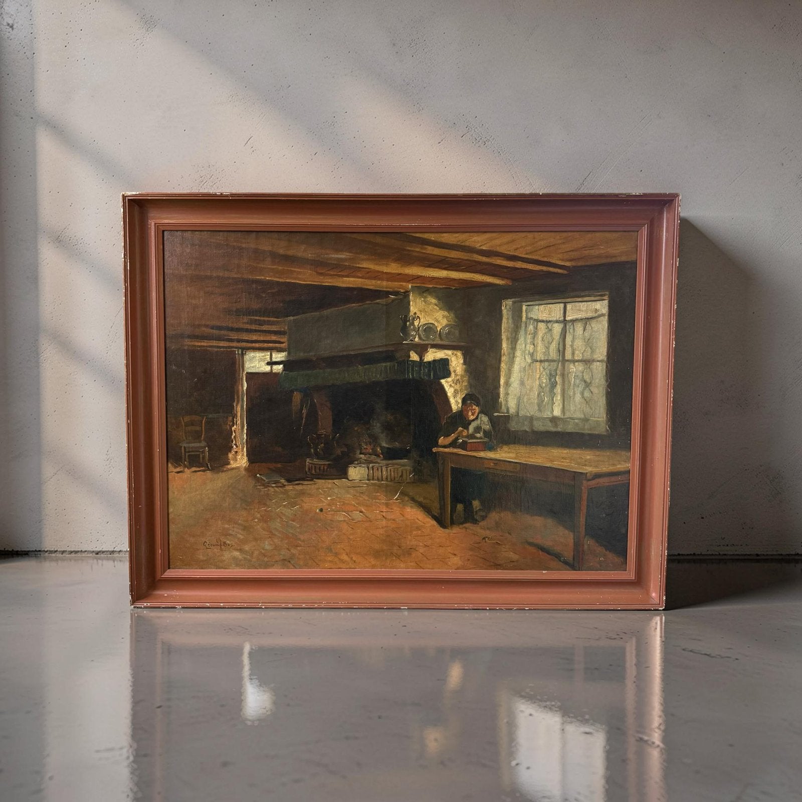Gerard Jan Bos - interieur in boerderij met dame aan tafel, Antiek en Kunst, Kunst | Schilderijen | Klassiek, Ophalen, Nederlandse school