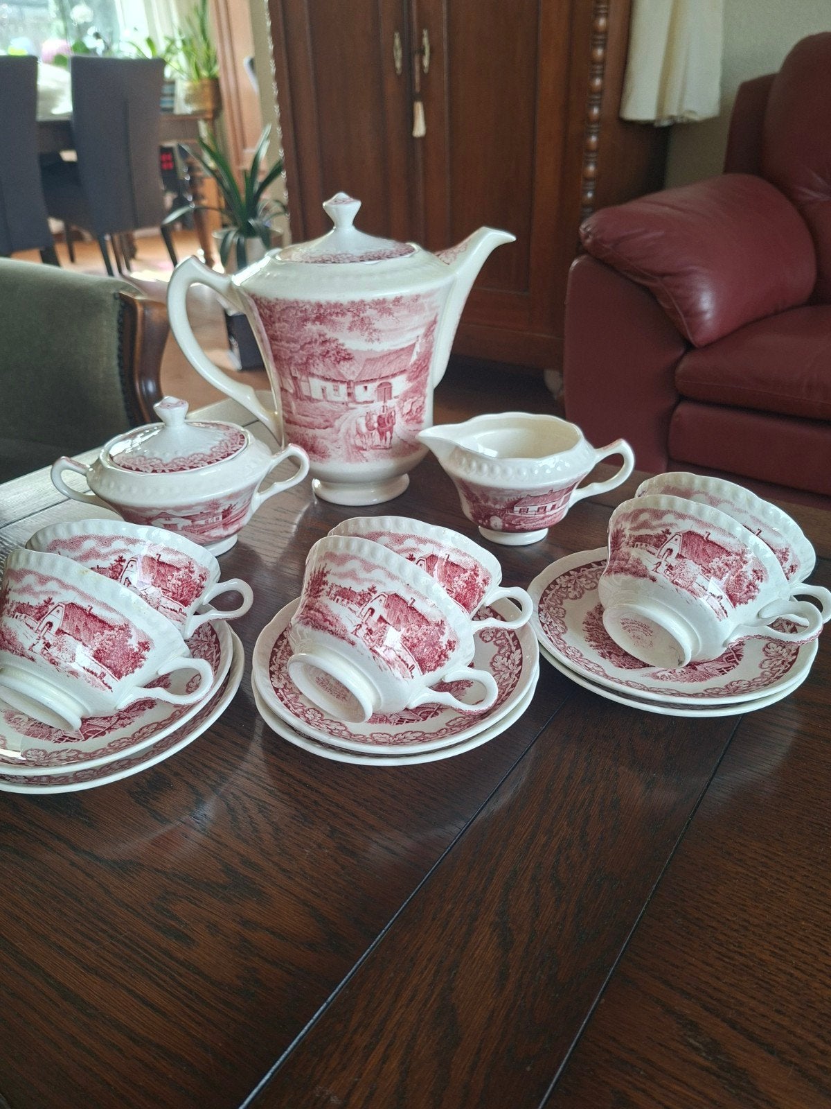 Vintage theeservies boerenhoeve tafereel - 6 personen, Ophalen of Verzenden