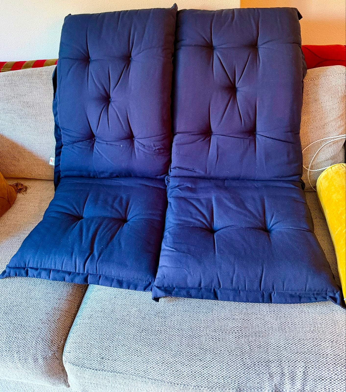 2x Donkerblauwe tuinstoelkussens, 120x50cm, zgan, Tuin en Terras, Tuinmeubel-accessoires, Ophalen, Zo goed als nieuw
