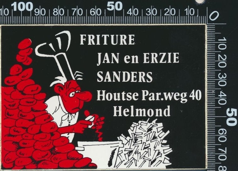 Sticker: Friture Jan en Erzie Sanders - Helmond, Verzamelen, Ophalen of Verzenden, Zo goed als nieuw, Bedrijf of Vereniging