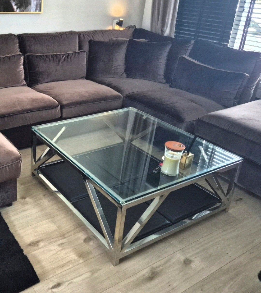 Eichholtz salontafel 100x100 - Glas en Metaal, Huis en Inrichting, Tafels | Salontafels, Ophalen, Gebruikt, Vierkant, Glas