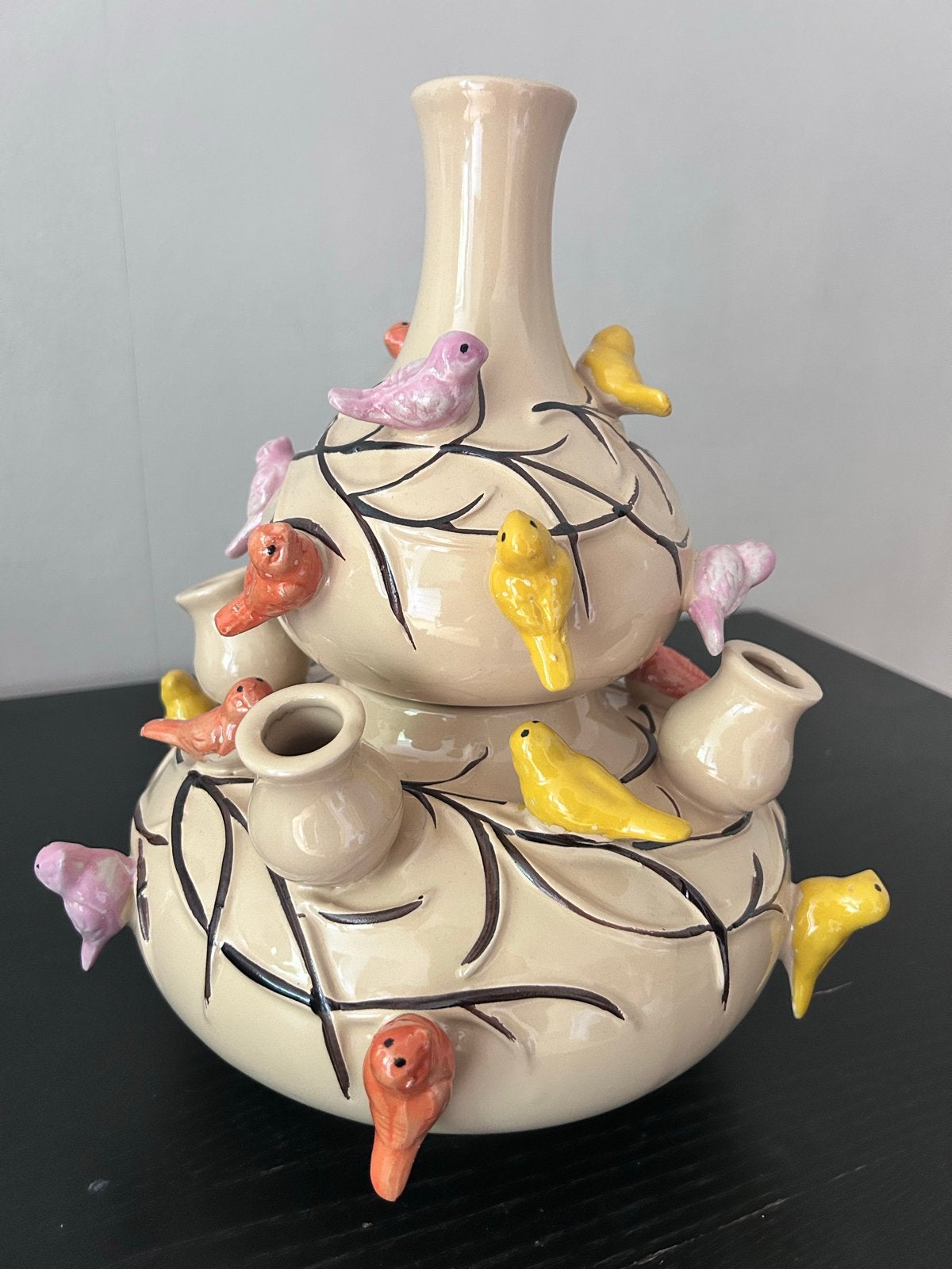 Unieke Tulpenvaas met Vogels - Crème Keramiek, Ophalen