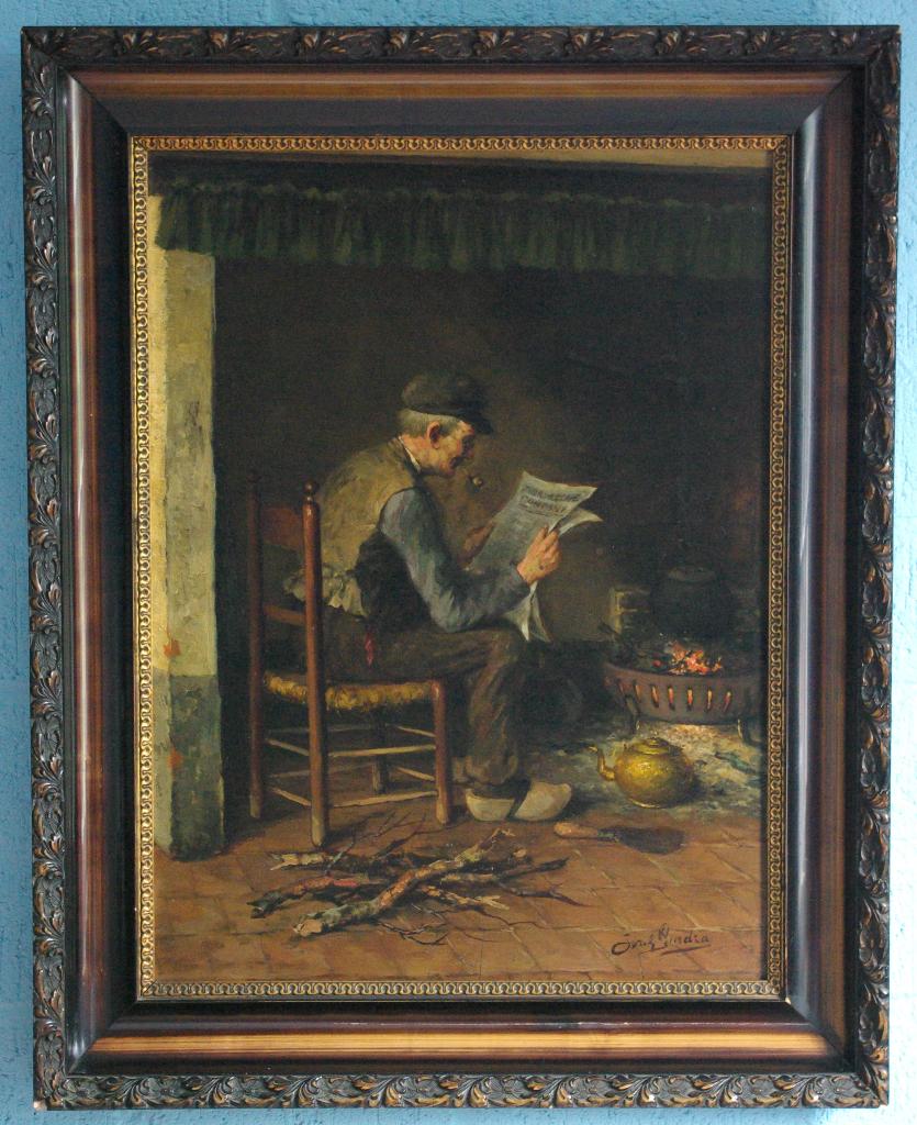Joseph Gindra/ Tilburg - Boer bij haard (Olieverf op paneel), Antiek en Kunst, Ophalen