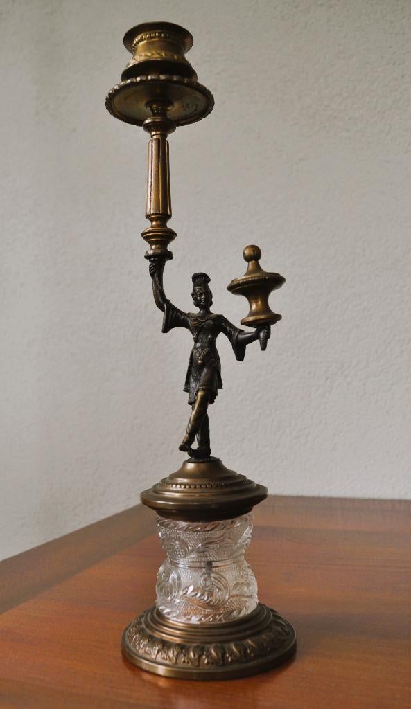 Antieke Kandelaar Sculptuur Brons Glas 32 cm, Antiek en Kunst, Antiek | Koper en Brons, Ophalen, Koper