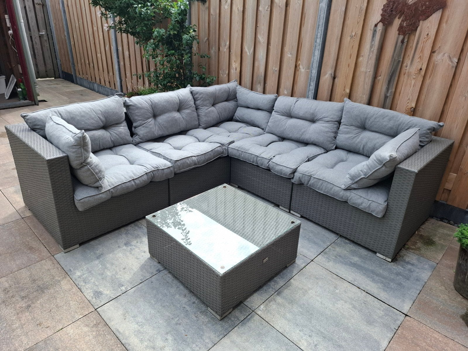 loungebank grijs incl kussens, Tuin en Terras, Tuinsets en Loungesets, Ophalen, 5 zitplaatsen, Gebruikt, Bank