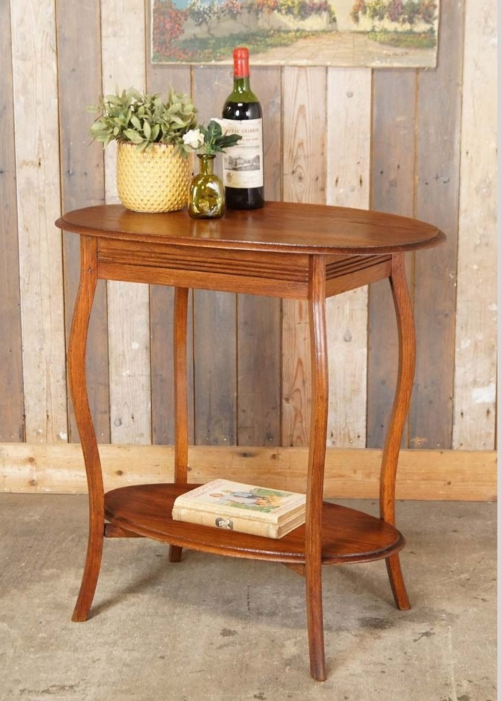 Brocante middenbruine ovale bijzettafel met onderblad, Ophalen, Gebruikt, --, 55 tot 75 cm