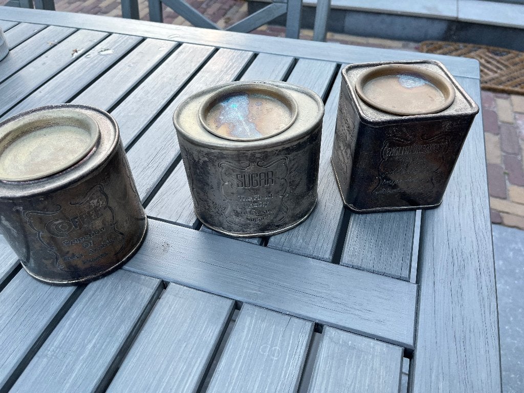 3 Vintage verzilverde voorraadbusjes koffie, suiker en thee, Ophalen of Verzenden