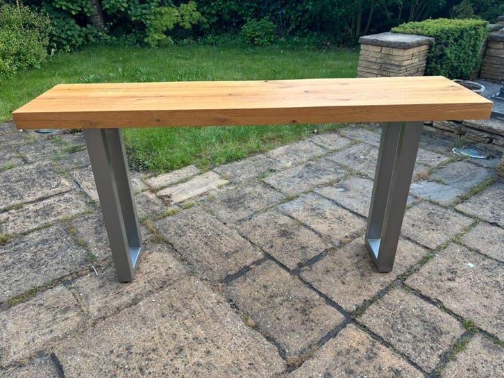 Houten sidetable, mooi houten bovenblad en stalen poten, Ophalen, 100 tot 150 cm, Zo goed als nieuw, Modern