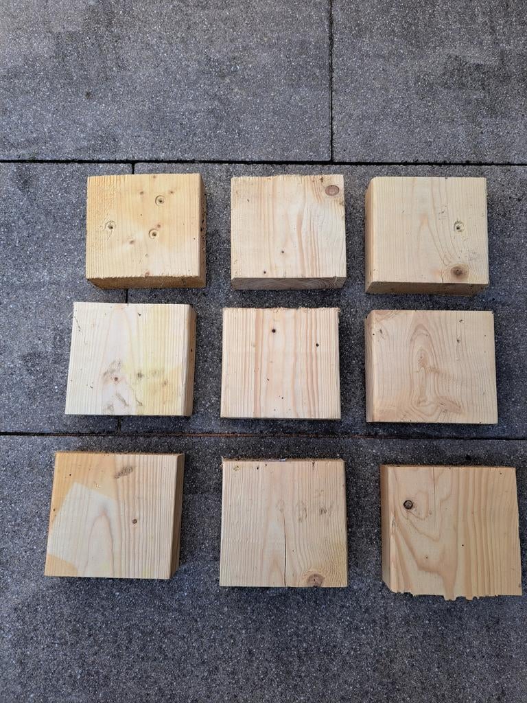 9 Vurenhouten klossen/ blokken 15x15 Z.G.A.N, Doe-het-zelf en Verbouw, Ophalen of Verzenden, Zo goed als nieuw, 50 mm of meer