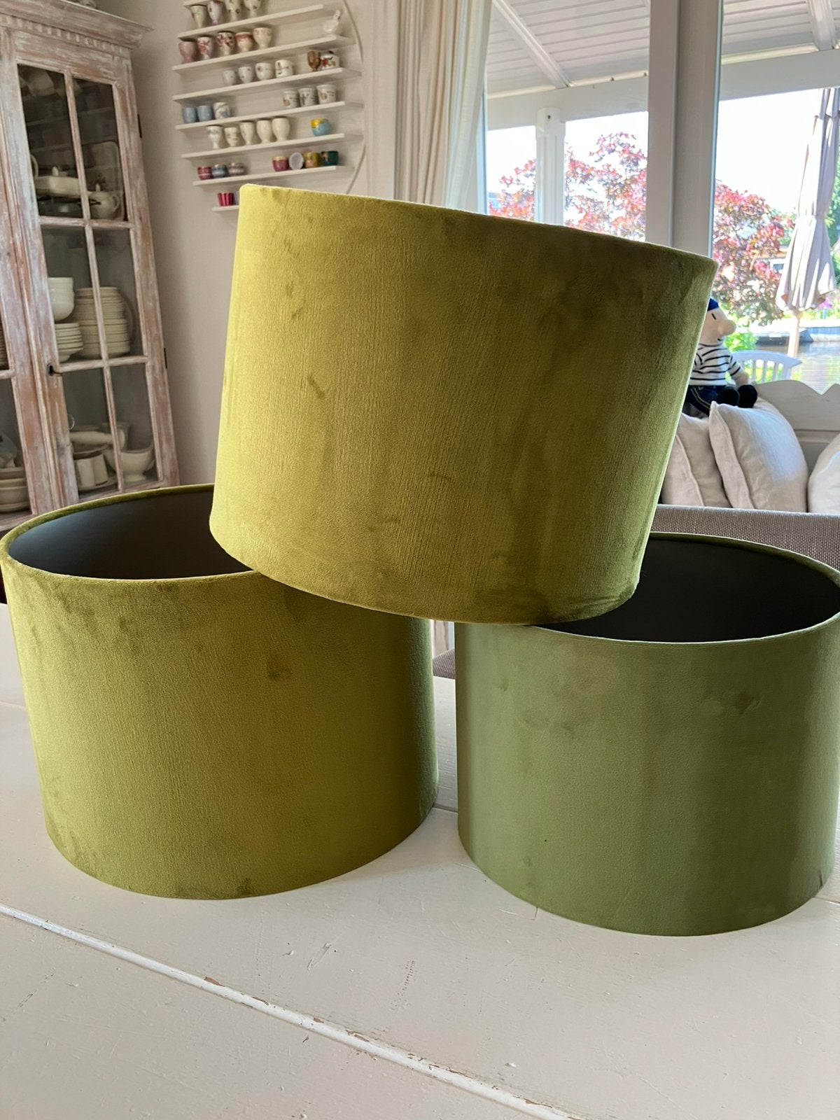 3 groene velvet lampenkappen, taupe binnenkant, Ophalen, Zo goed als nieuw, Groen