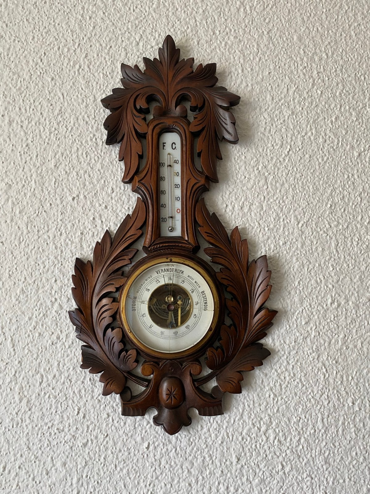 Antieke notenhouten barometer met thermometer, Ophalen of Verzenden