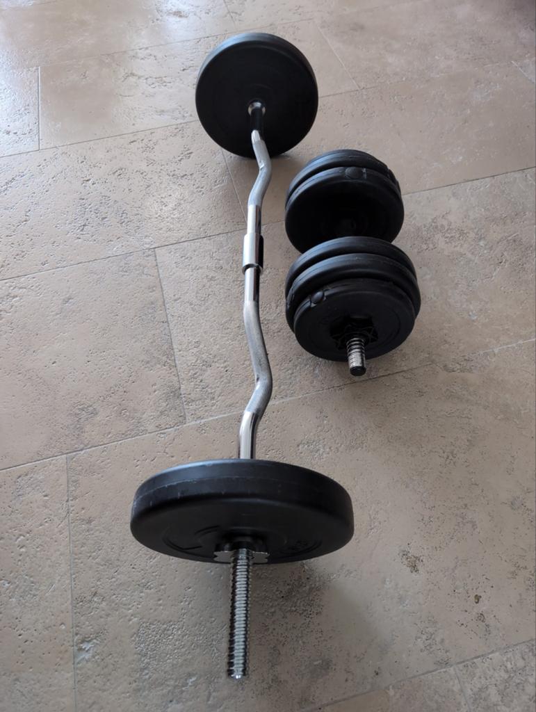 Twee halters, totaal meer dan 20 kg, Sport en Fitness, Fitnessmaterialen, Ophalen, Halterset