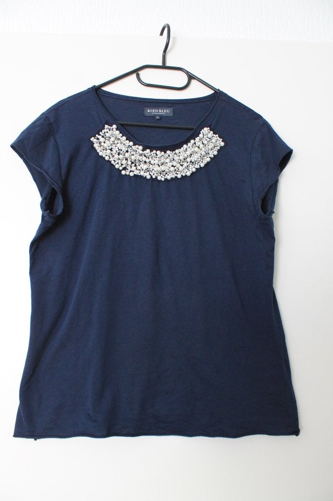 Bien Bleu blauw T-shirt met parel decoratie maat L, Maat 42/44 (L), Korte mouw, Gedragen, Bien Bleu