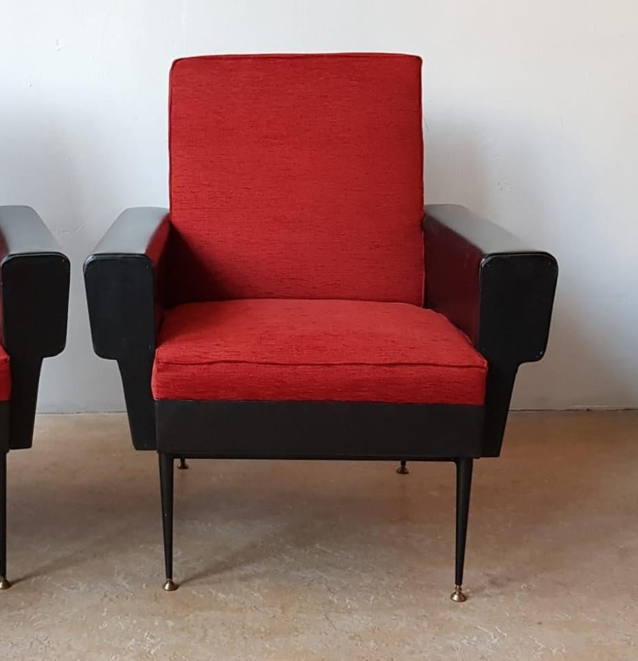 Twee zwart-rode vintage Franse fauteuils, jaren 60, Ophalen, Gebruikt, 75 tot 100 cm, 50 tot 75 cm