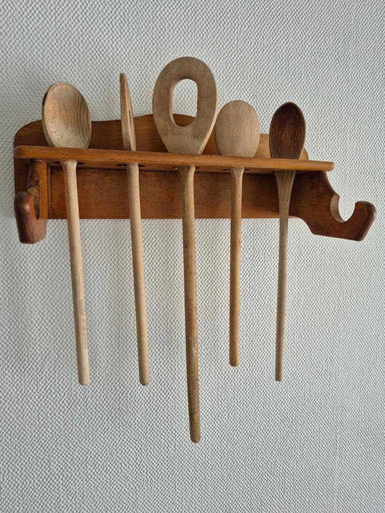 Leuk vintage houten pollepelrek wandrek keukenrek met lepels, Ophalen of Verzenden