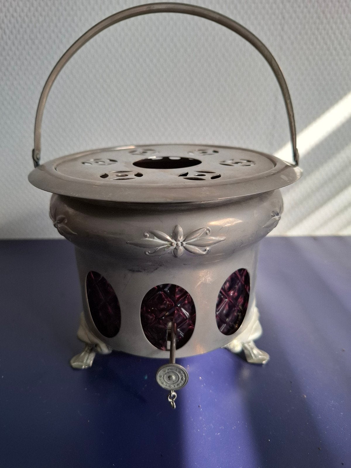 Antieke olielampje met paars glas, Antiek en Kunst, Ophalen of Verzenden