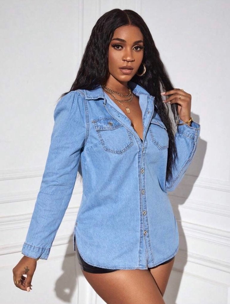 Denim blouse, Ophalen of Verzenden, Zo goed als nieuw, Maat 42/44 (L), Blauw