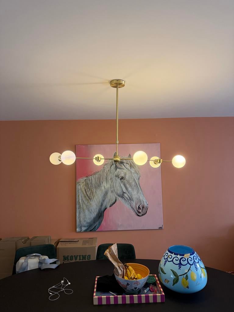 Gouden hanglamp met opaalglas, Westwing Aurelia, Ophalen, Zo goed als nieuw, Glas, 75 cm of meer