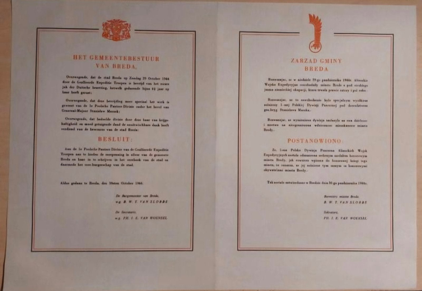 Document ereburger van Breda, 1e Poolse Pantser Divisie, Ophalen of Verzenden, Nederland, Foto of Poster