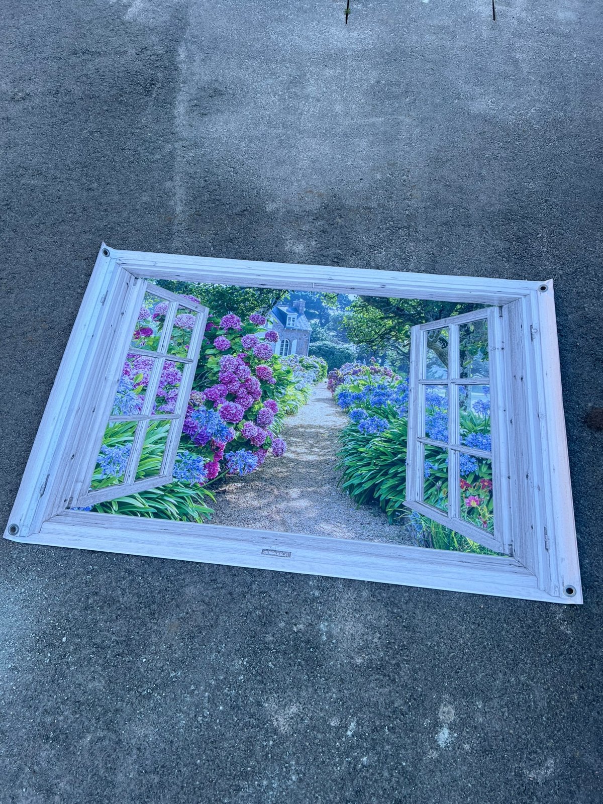 Tuinposter / doorkijk hortensia / pad xl €15,-, Ophalen, Nieuw
