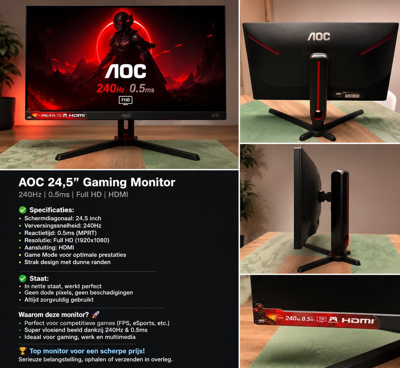 Aoc 24,5 inch Gaming monitor 240hz 0.5ms NIEUWSTAAT!, Computers en Software, Monitoren, Gaming, IPS, Full HD, Zo goed als nieuw