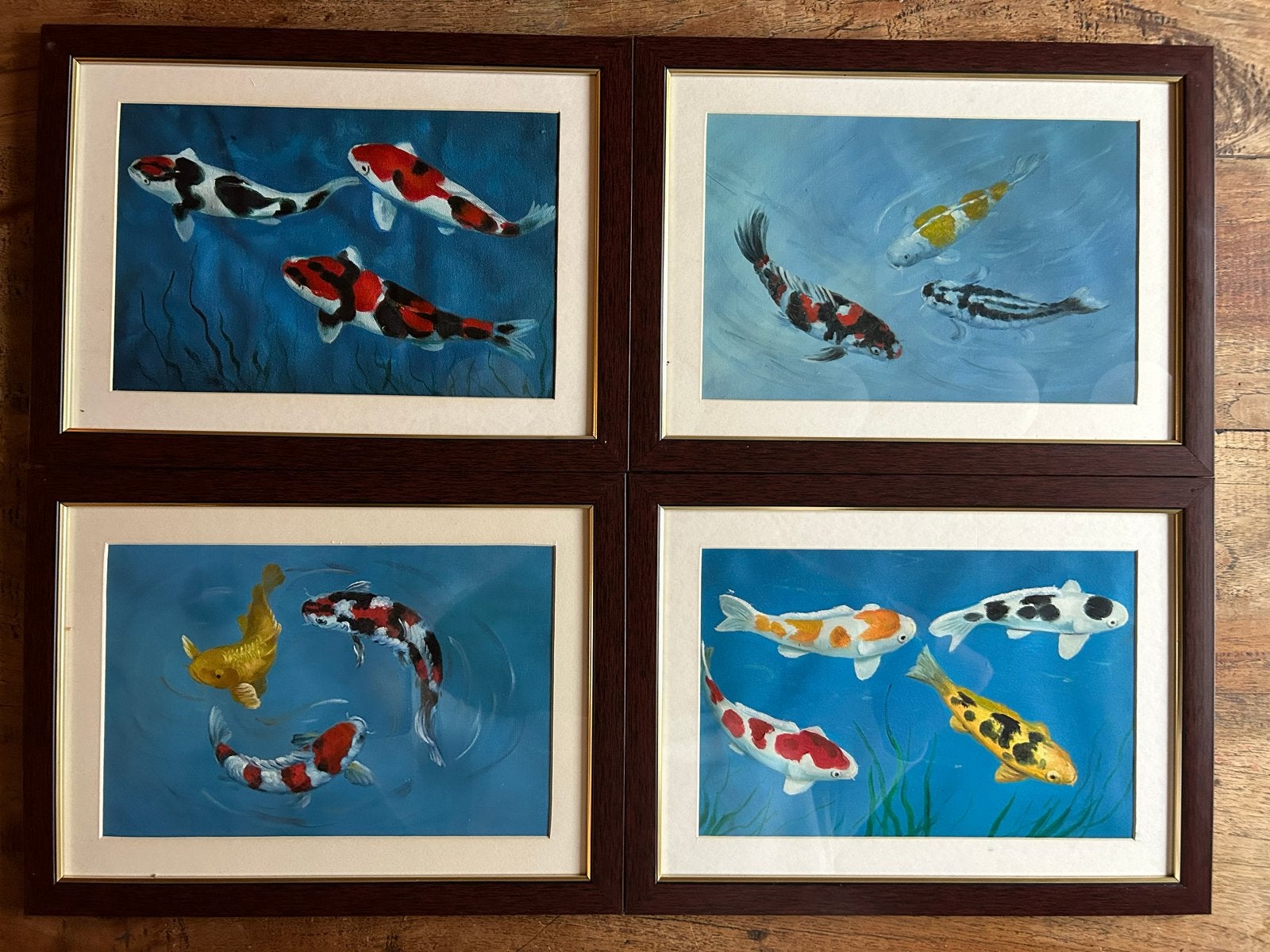 Set van 4 handgeschilderde acryl Koi karper schilderijen, Acrylverf, Handgeschilderd, Ophalen of Verzenden, Dieren