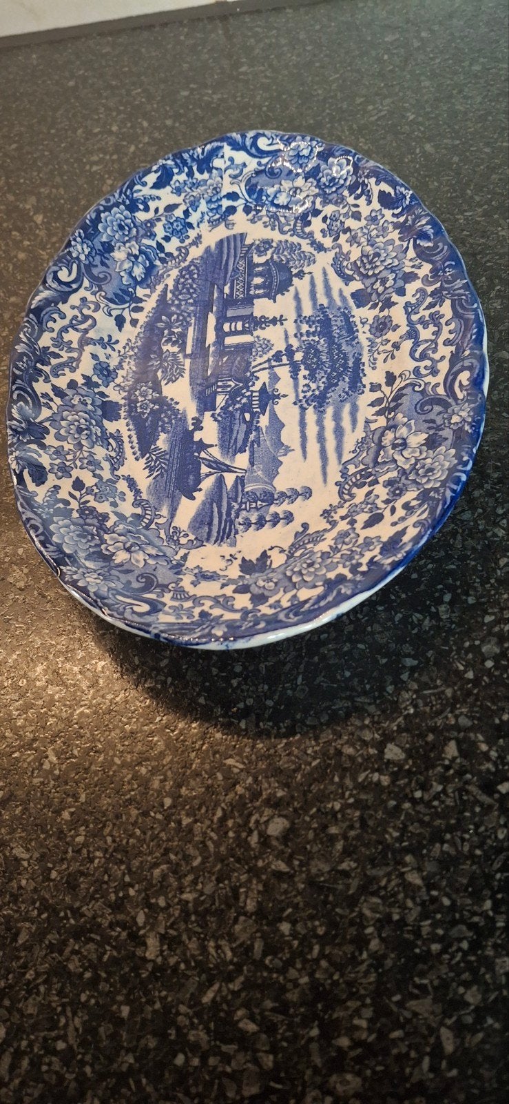 Antieke Spaanse ovale schaal - Blauw-wit decor, Antiek en Kunst, Ophalen of Verzenden