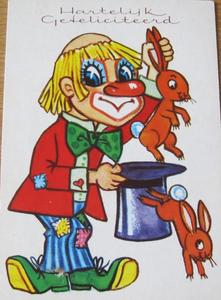 hartelijk gefeliciteerd - clown tovert konijn uit hoge hoed, Verzamelen, Verzenden, 1980 tot heden, Ongelopen, Overige thema's