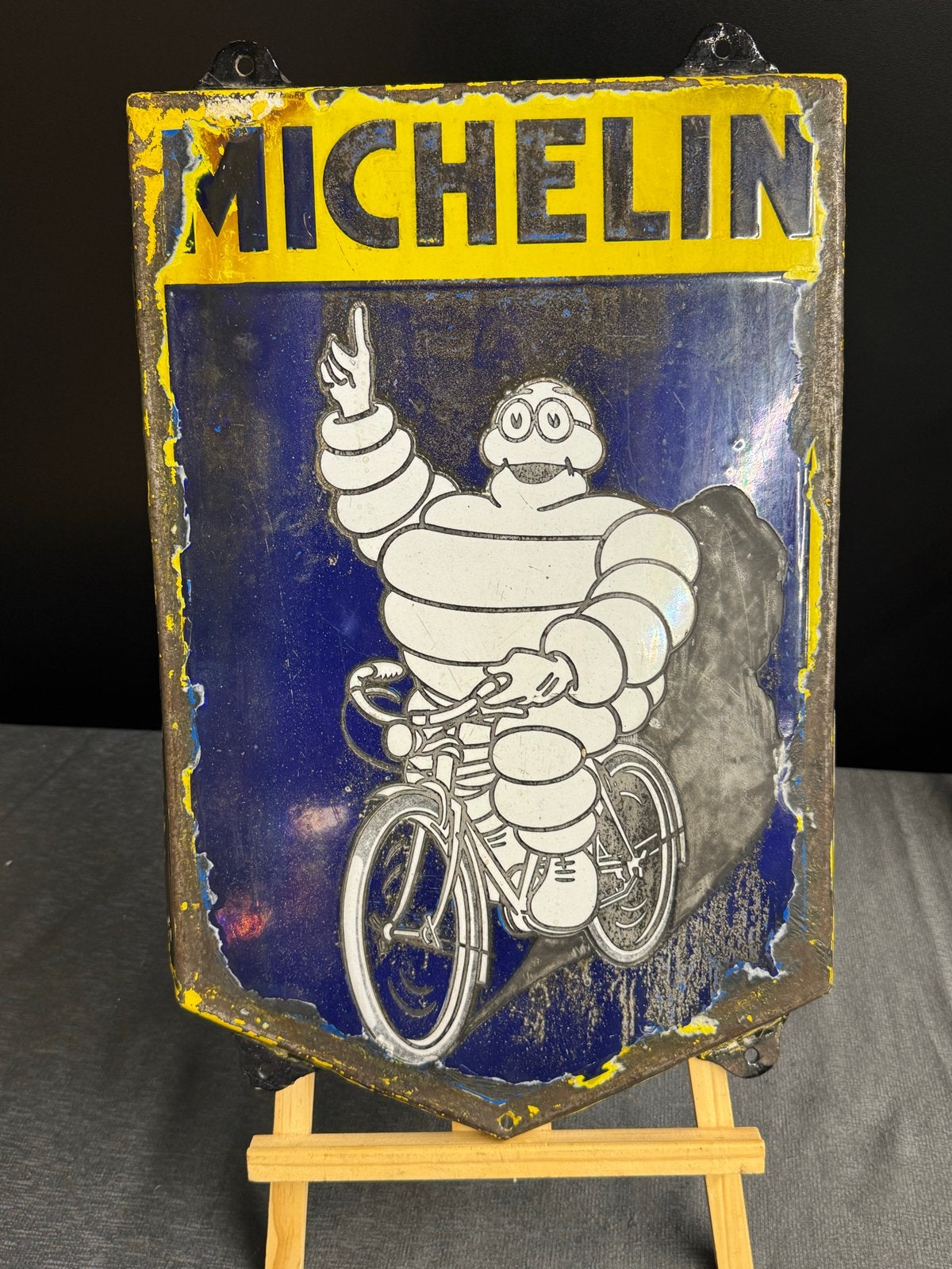 Vintage Michelin Emaille Reclamebord - Bibendum op Fiets, Ophalen of Verzenden