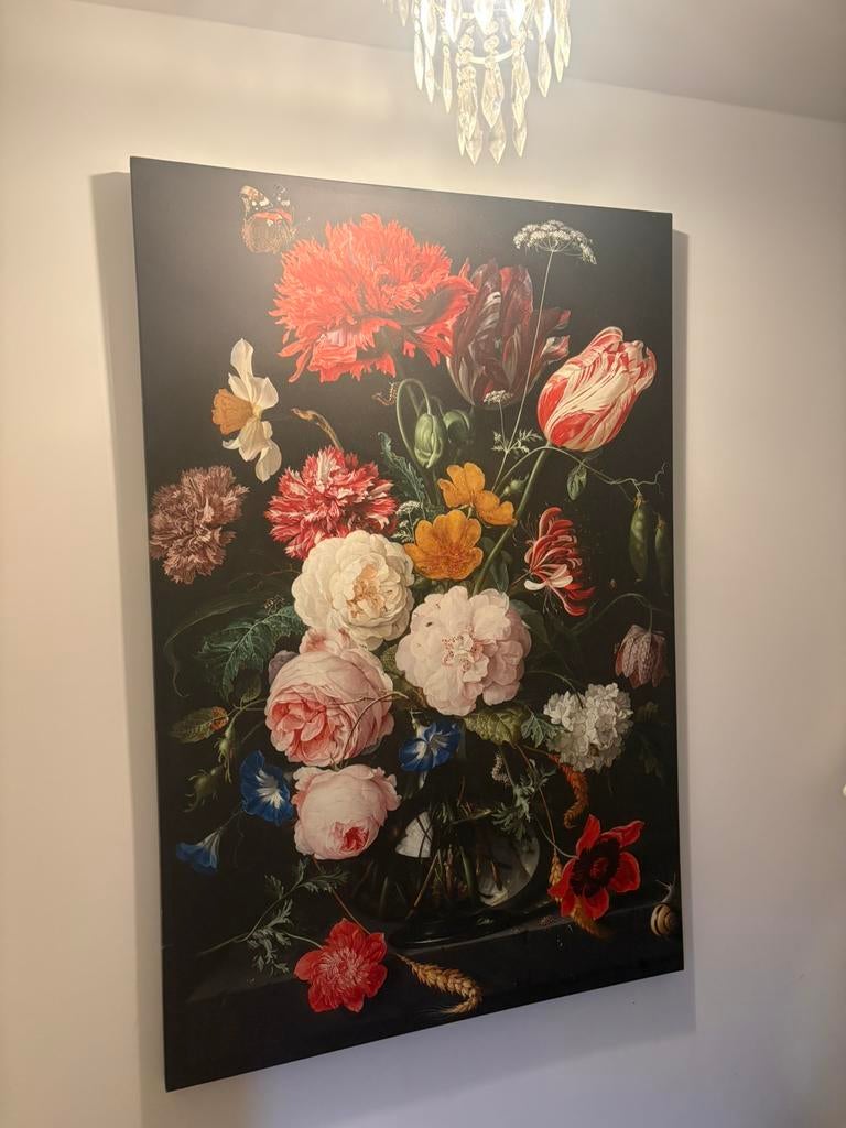 Groot canvas de Heem vintage schilderij bloemen in vaas, Antiek en Kunst, Ophalen