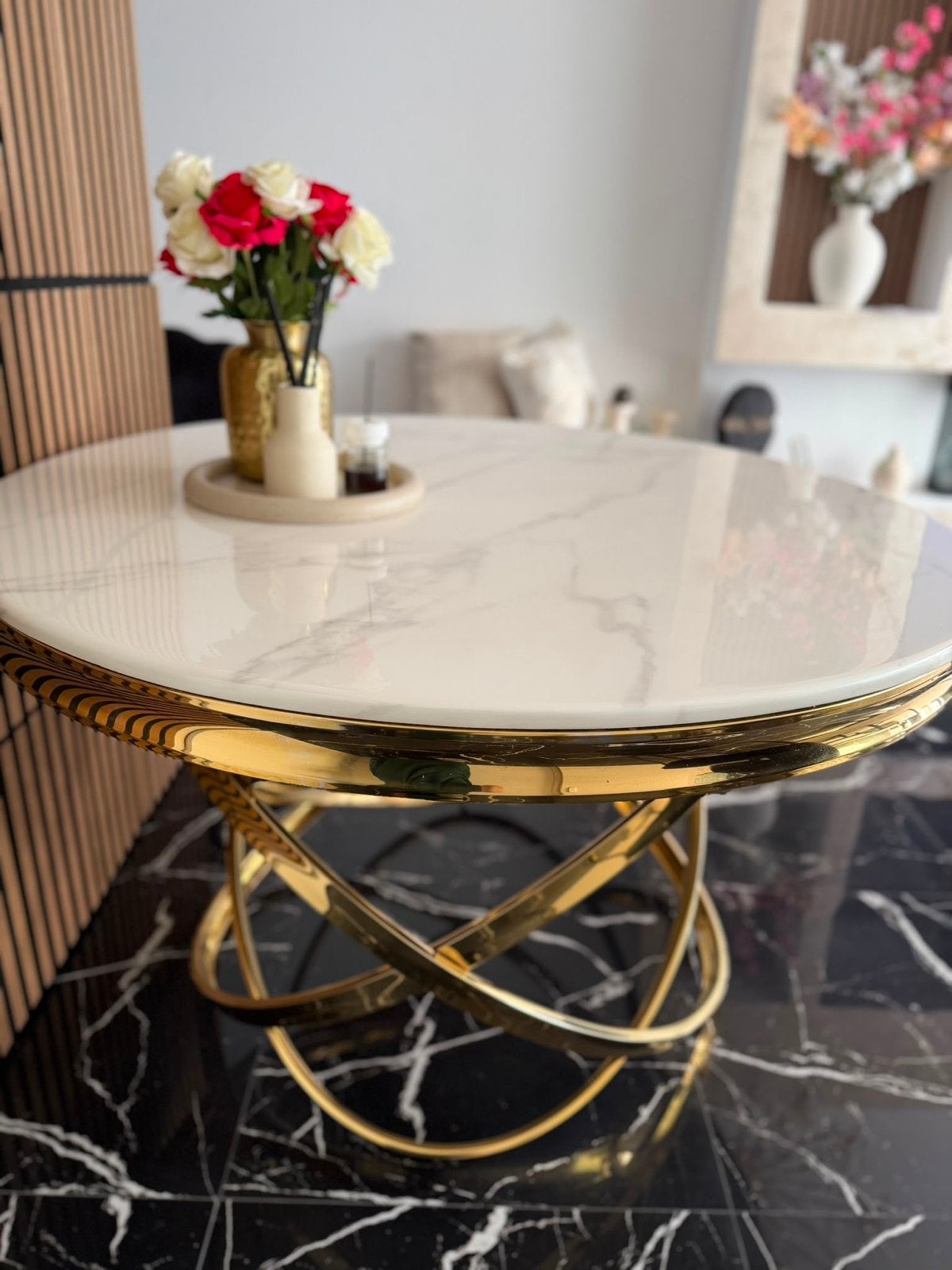 Luxe ronde eettafel met echte marmeren blad, Ophalen, 50 tot 100 cm, 100 tot 150 cm, Rond