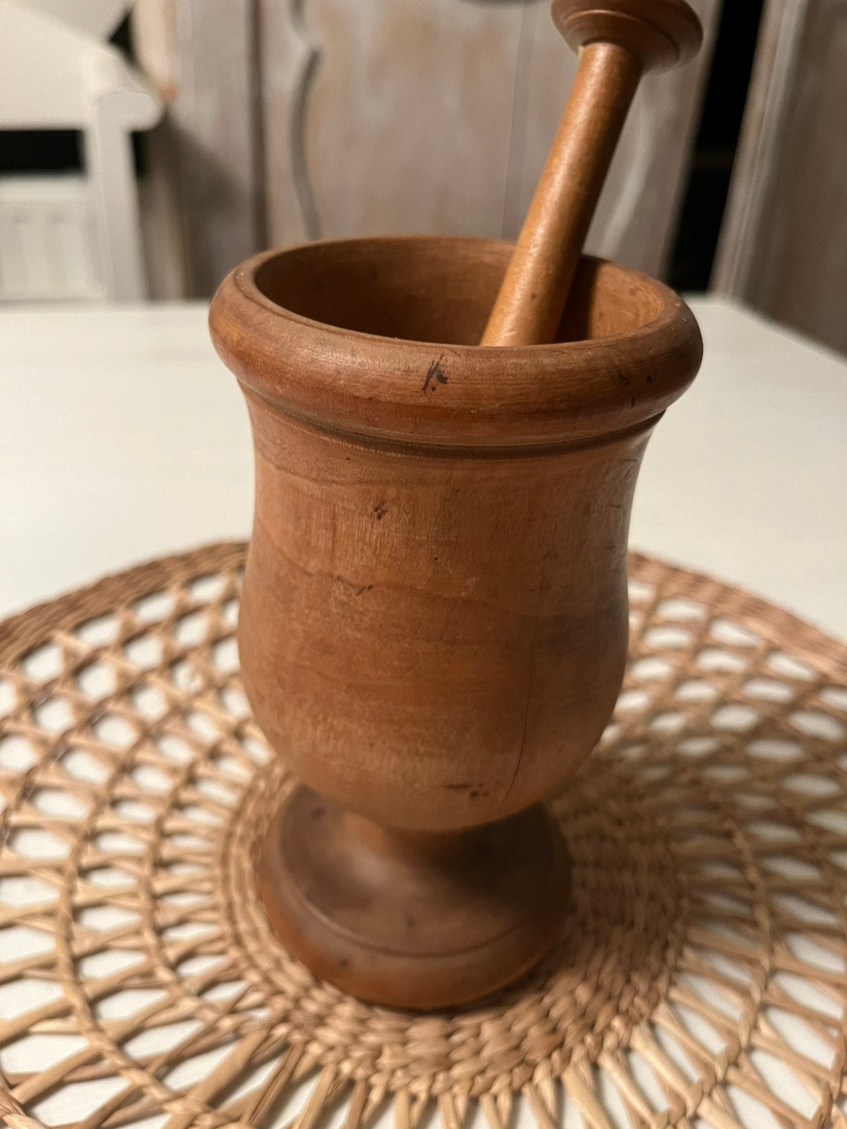 Prachtige Antieke houten primitieve vijzel en stamper, Ophalen of Verzenden