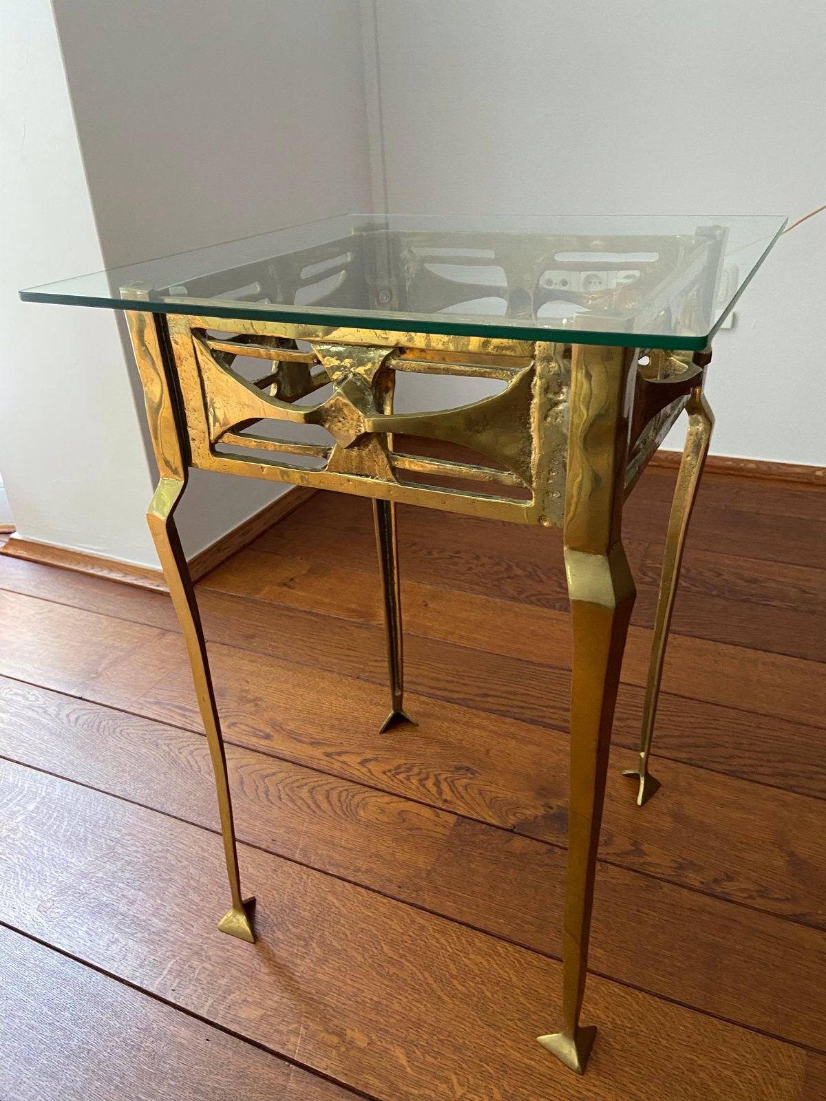 Set van 2 Zware 9kg Koperen Bijzettafeltjes m Glazen Plaat, Huis en Inrichting, Minder dan 55 cm, Gebruikt, Metaal of Aluminium