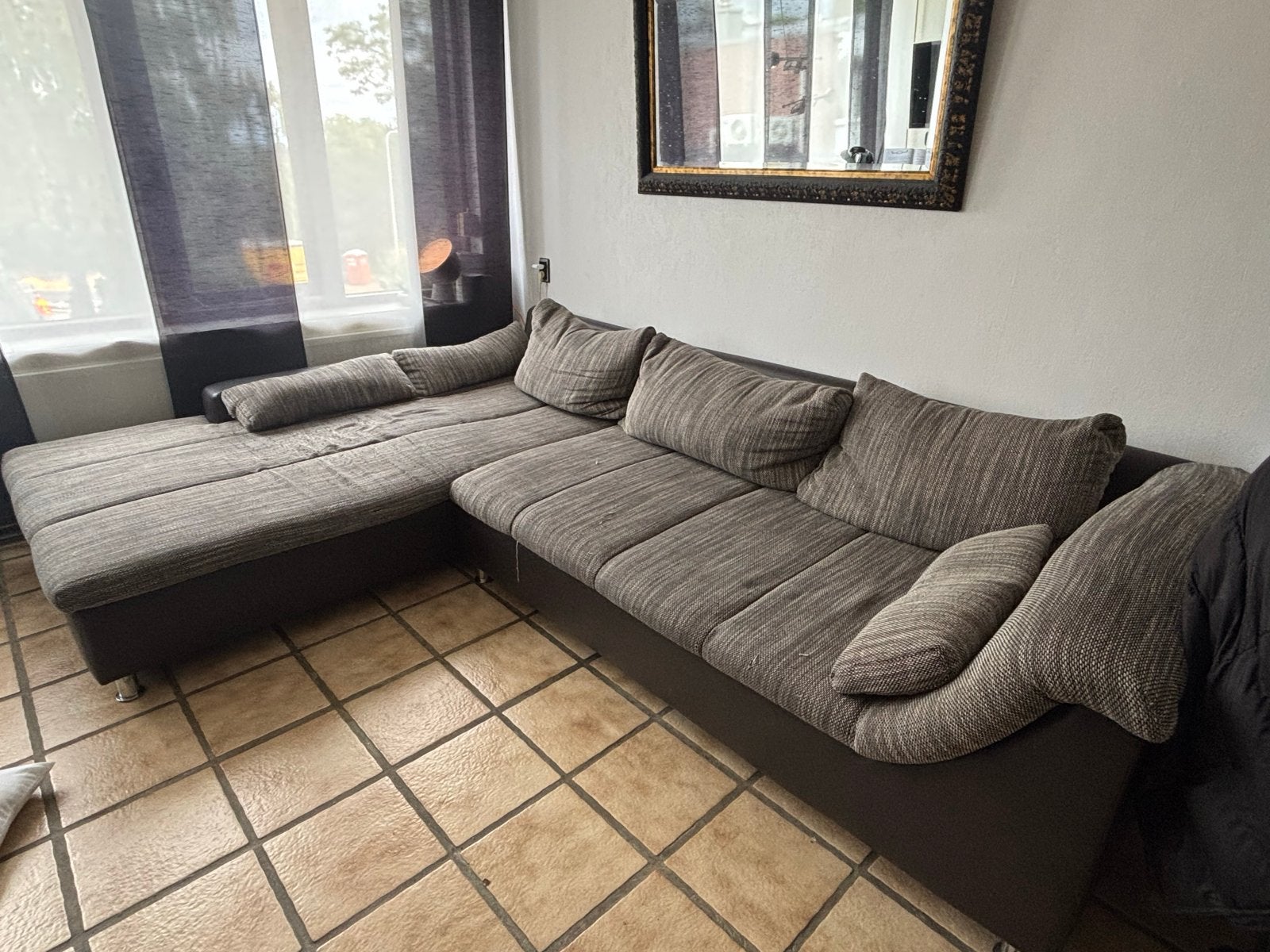 Grote hoekbank met chaise longue - grijs/bruin, Ophalen, Gebruikt, Hoekbank, 300 cm of meer