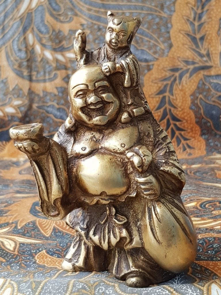 Mooi zwaar oud Chinees brons beeldje van Boeddha met kind., Antiek en Kunst, Handgemaakt, Ophalen of Verzenden, China, Brons