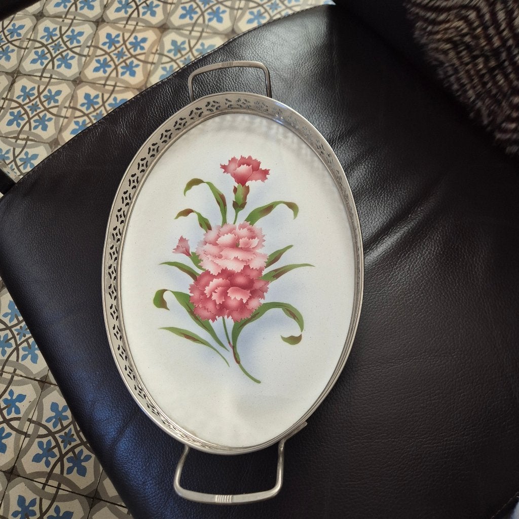 Prachtig antiek dienblad roze bloem verzilverde rand, Overige materialen, Ophalen of Verzenden, Zo goed als nieuw, Dienblad
