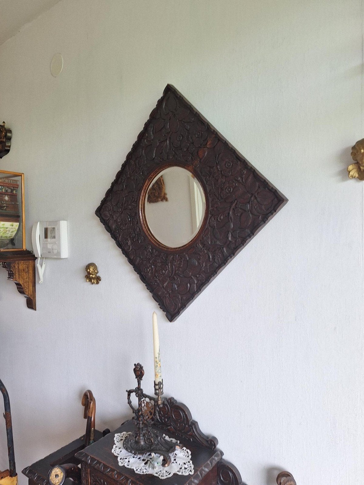 Spiegel in houten lijst, Antiek en Kunst, Antiek | Spiegels, Ophalen, Rechthoekig, Minder dan 50 cm