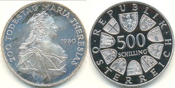 Oostenrijk 500 Schilling 200 Todestag Maria Theresias 1980, Ophalen of Verzenden, Oostenrijk, Losse munt, Zilver