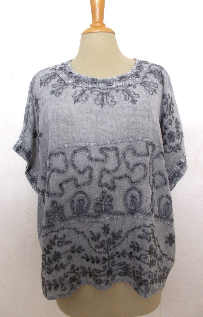 Luchtige mooie grijze tuniek/top met borduursels! L/XL, Verzenden, Maat 42/44 (L), Zo goed als nieuw, Korte mouw