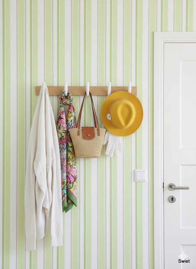 14290 groen wit vintage behang met strepen swiet , Ophalen of Verzenden, Groen