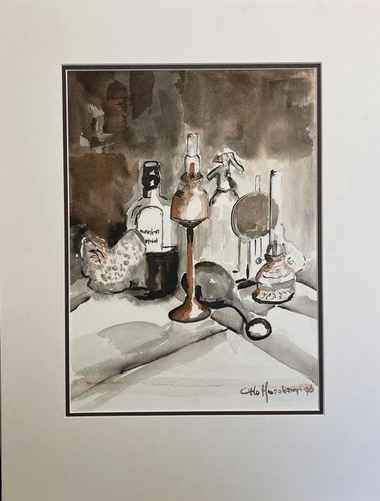 Originele aquarel Stilleven met flessen - Otto Hoogkamp '76, Realistisch, Stilleven, Ophalen of Verzenden, Gesigneerd
