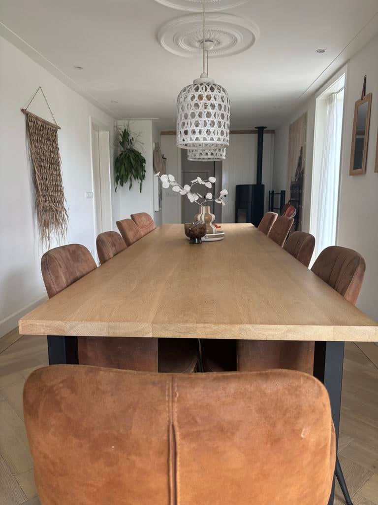 Prachtige robuuste eikenhouten tafel 3 M + 9 mooie stoelen, Huis en Inrichting, Ophalen, Gebruikt, Eikenhout, 200 cm of meer