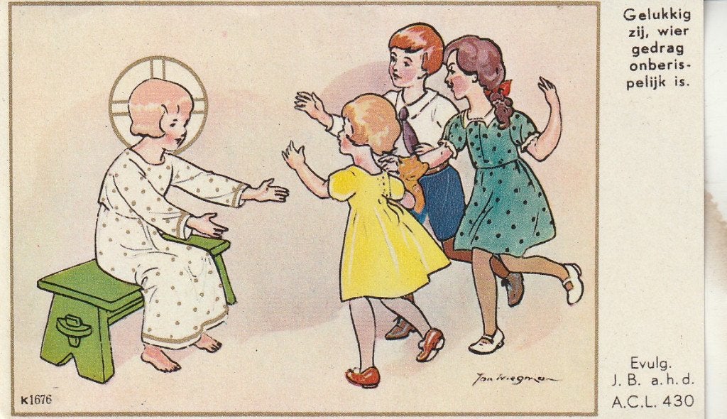 Vintage religieuze prent: Jezus en kinderen, Ophalen of Verzenden, Gebruikt, Kaart of Prent, Christendom | Katholiek