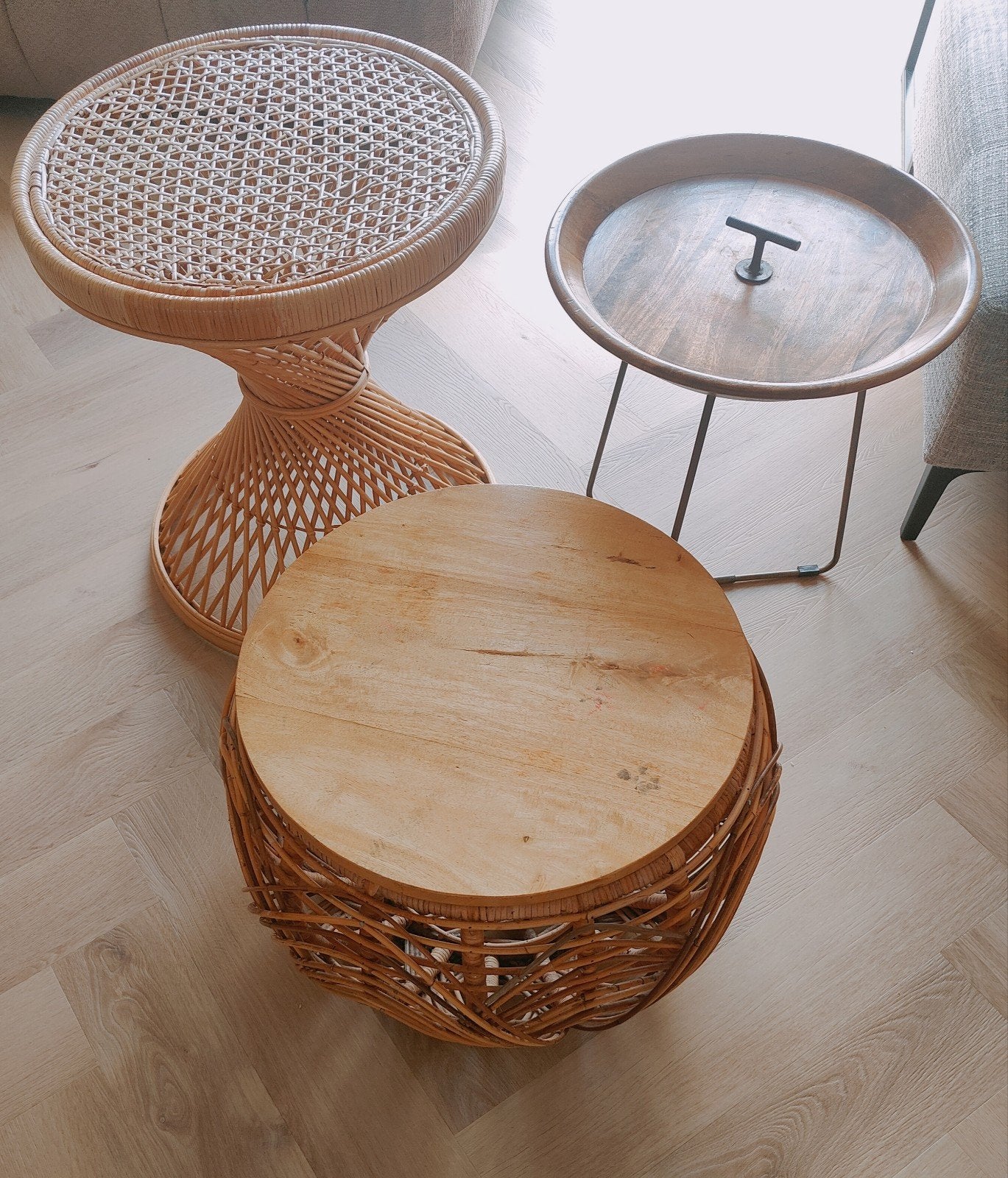 Vintage Rotan & Mangohout bijzettafel/Salontafels Loods 5/Gi, Minder dan 55 cm, Rond, Zo goed als nieuw, Ophalen