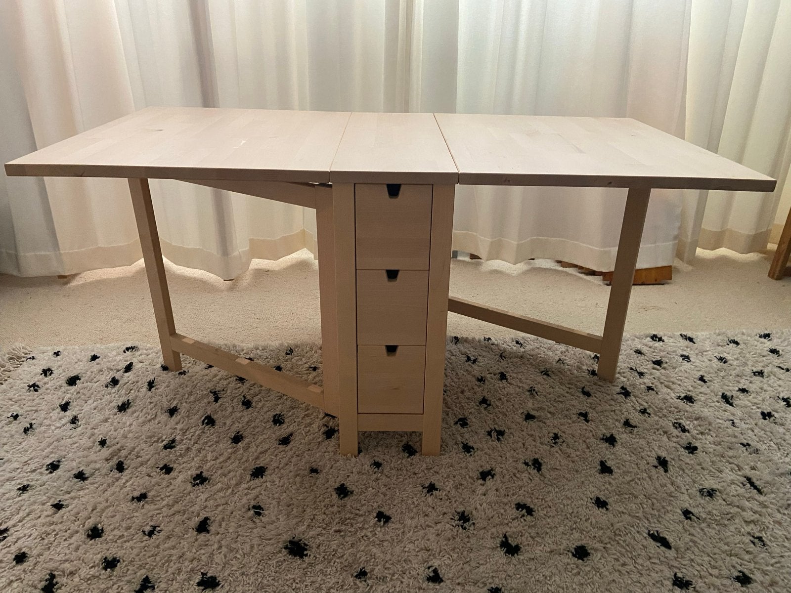 IKEA NORDEN Klaptafel, berken, met lades, Gebruikt, 150 tot 200 cm, Vier personen, Rechthoekig
